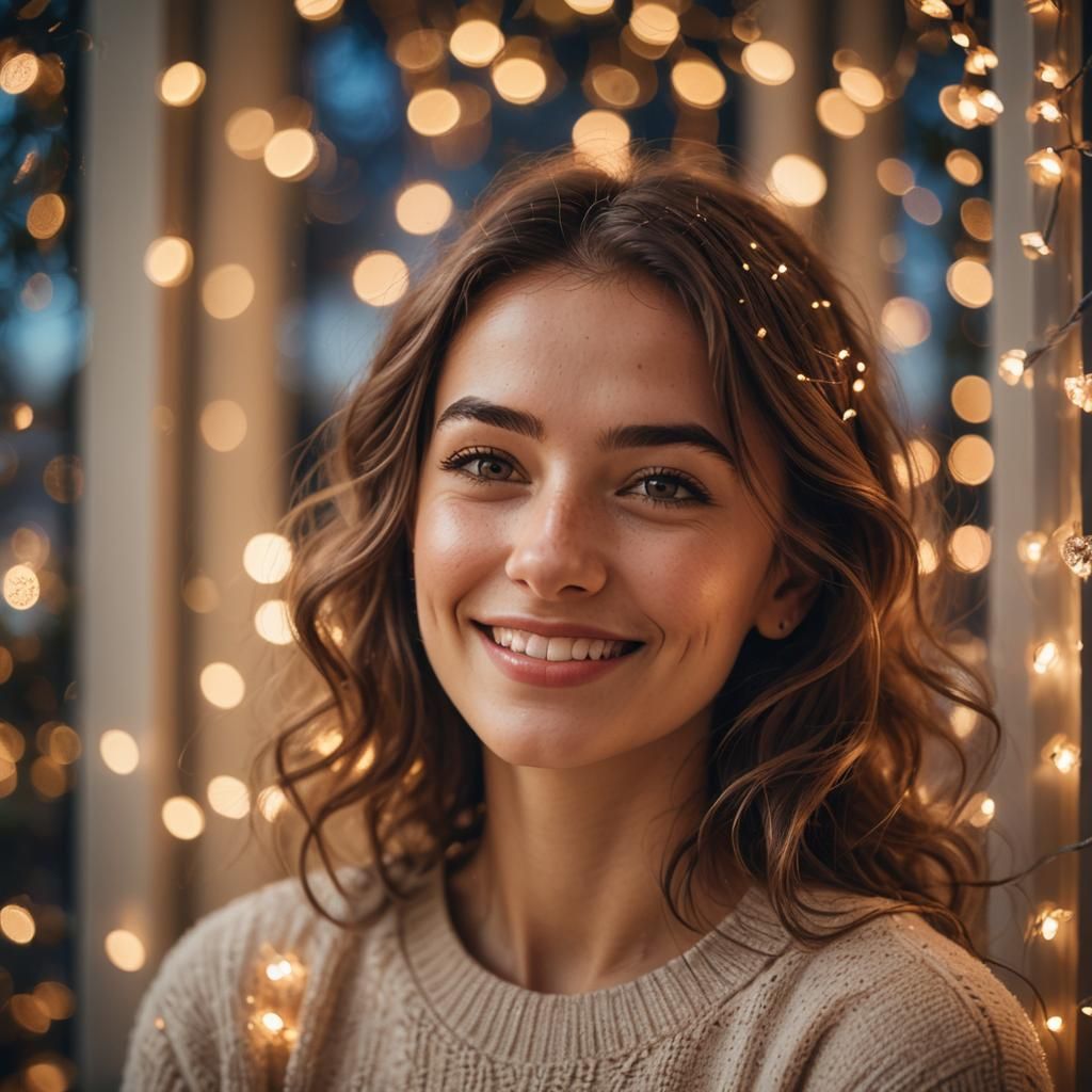 Girl Smiling with Twinkle Lights in Soft Portrait