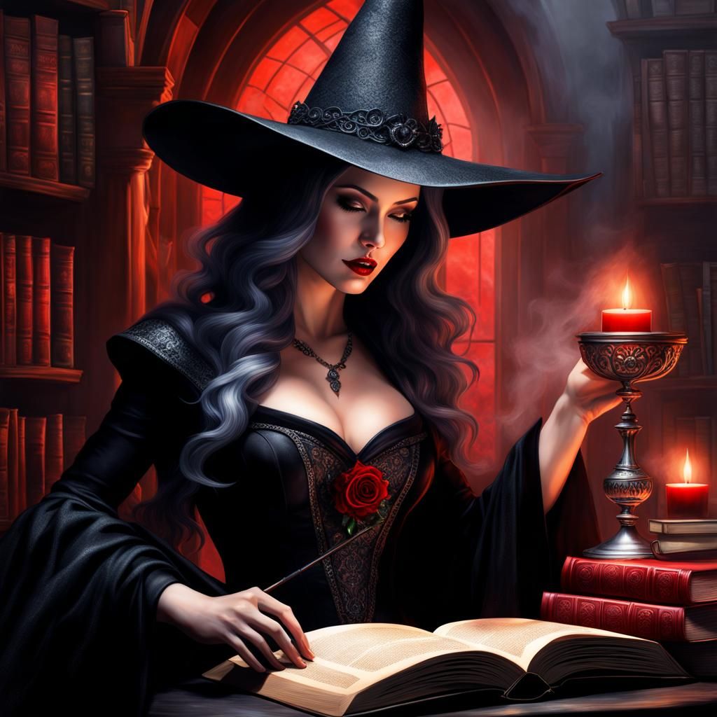 Gothic Witch Casting Spell in Ethereal Library