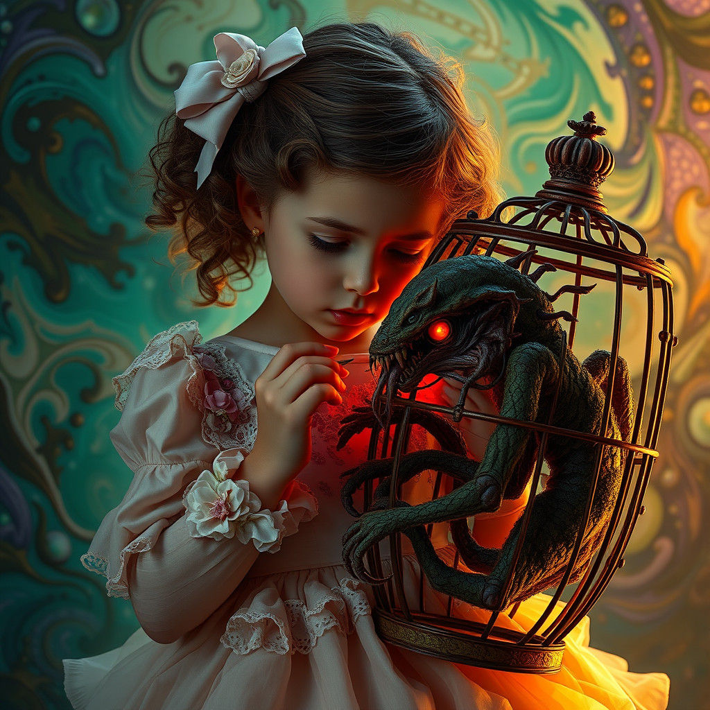Girl Feeds Lovecraftian Monster in Ornate Cage