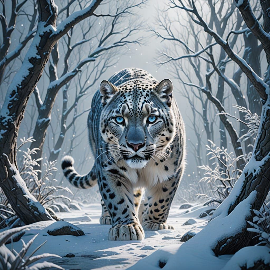 Snow Leopard Prowls Frozen Forest in Hyperrealistic Style
