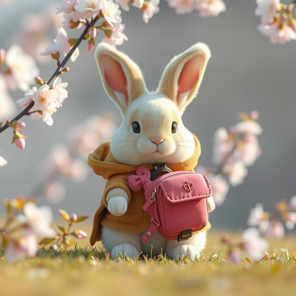 Cartoon Adventure Bunny Leaping Through Cherry Blossoms