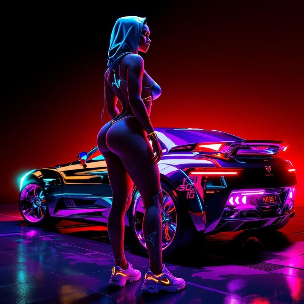 Futuristic Latina in Cyber-tech Bikini with Chrome Cadillac