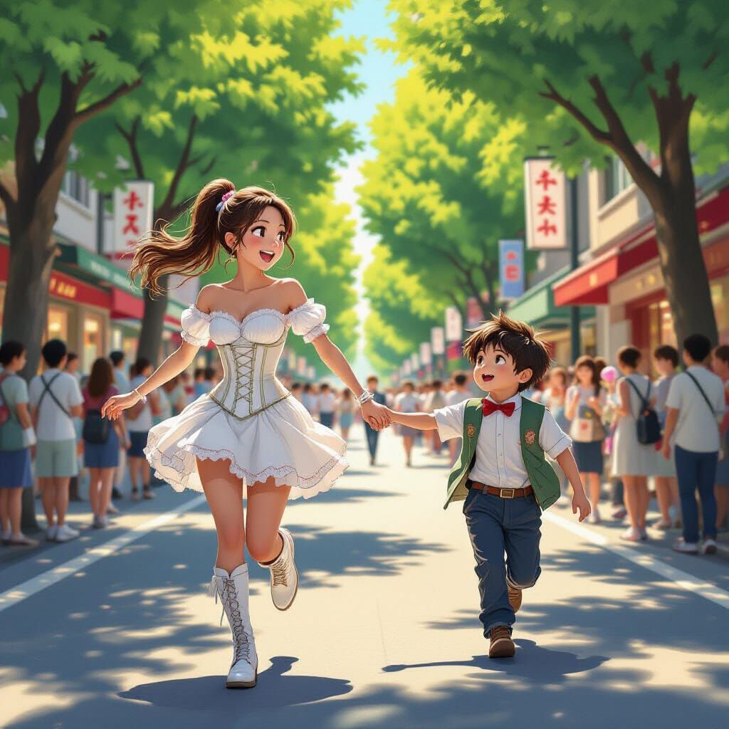 Joyful University Girl Runs Through Vibrant Japanese Street