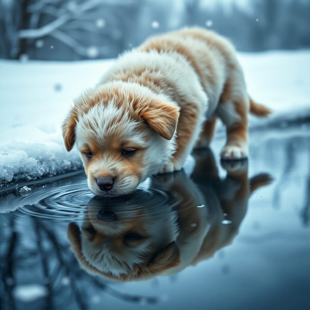 Puppy Drinks from Snowy Pond, Distorted Reflection