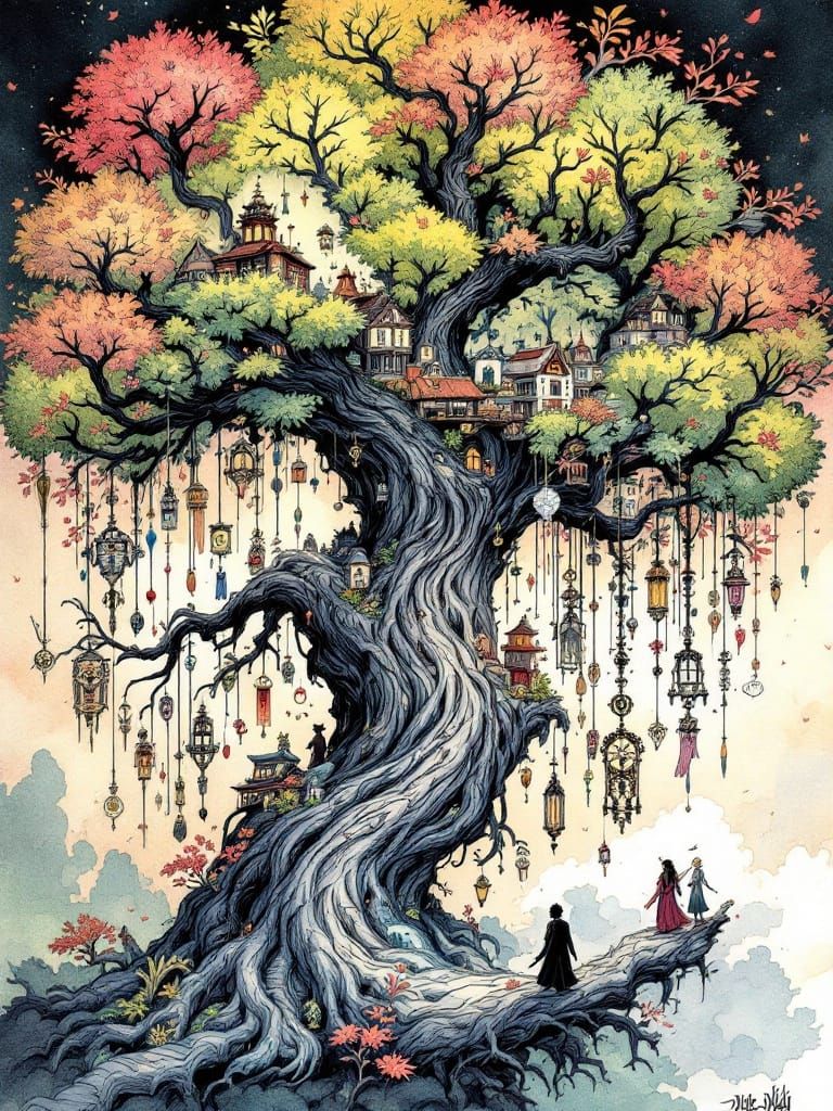 Magical Village Tree with Surreal Leaves and Trinkets