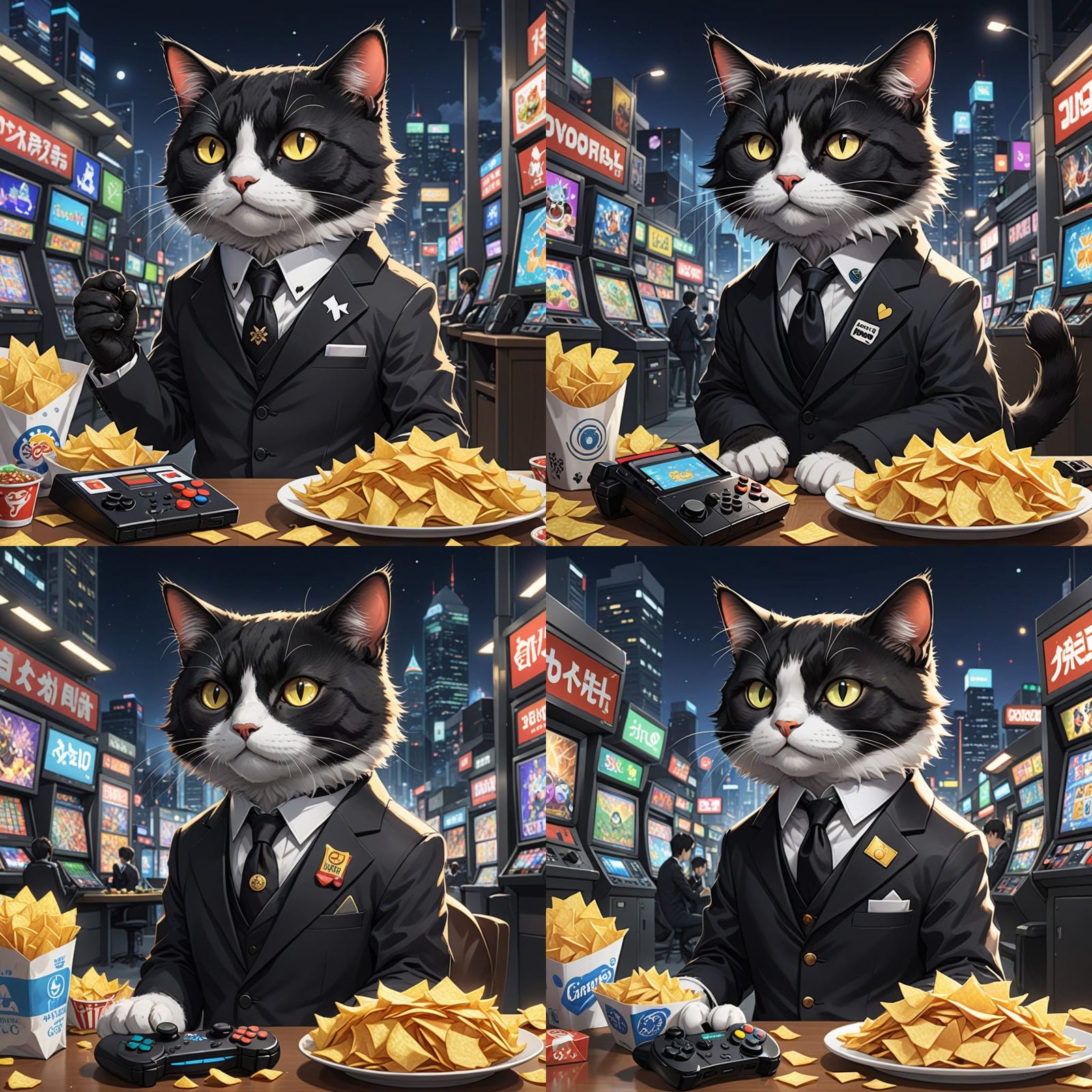 Gamer Tuxedo Cat Surrounded by Chips