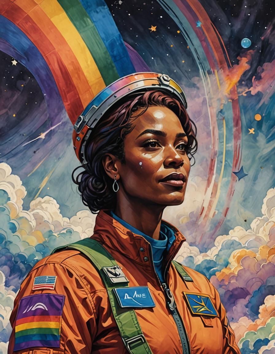 Art by Aleksandr Deineka, inspired by Yuri Gagarin, an African transgender female Soviet astronaut in a historic space u...