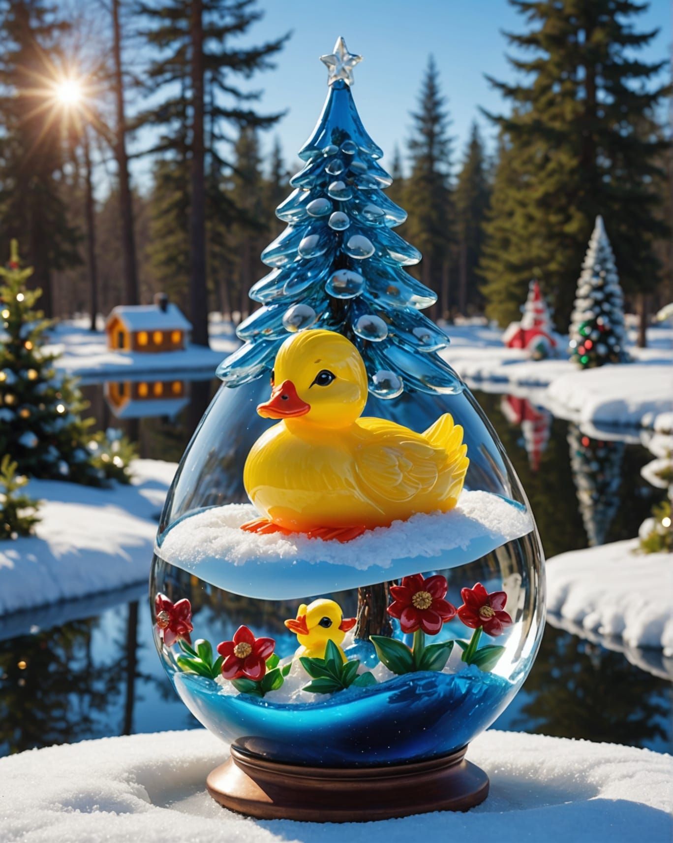 Christmas Korrigan and Duckling Glass Sculpture