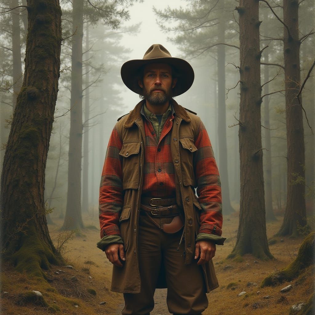 Woodsman in Misty Forest, Classical Painting Style