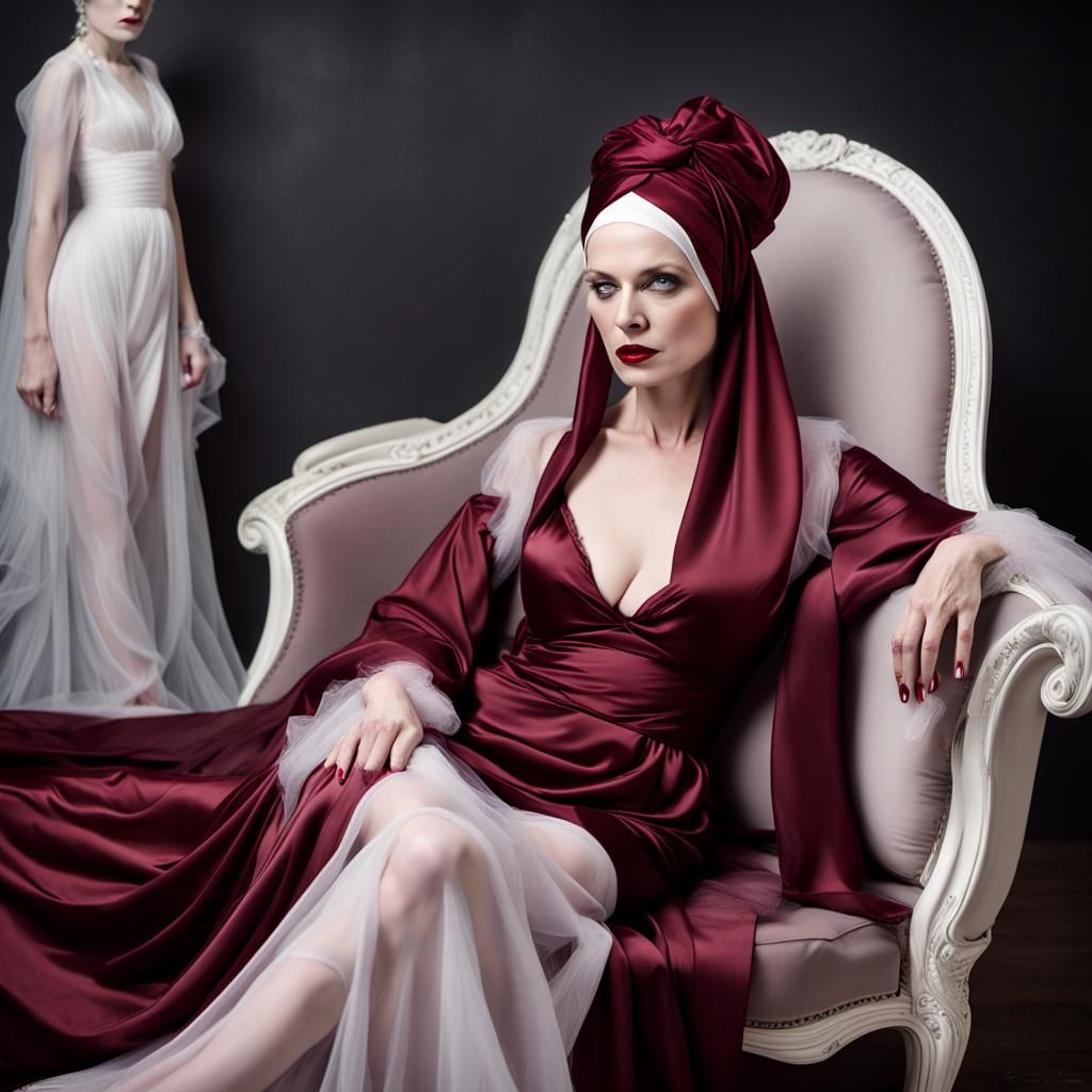 Mature White Statuesque Woman Female Vampire Countess Reclining on Satin Chaise Longue Glamorous Intense Grimdark Maroon...