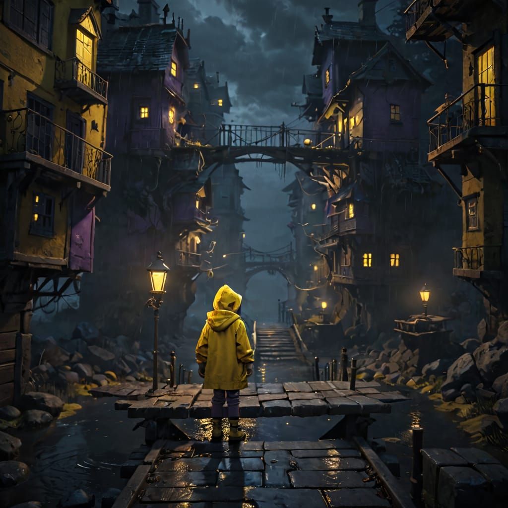 Child in Yellow Raincoat: Dark Fantasy Concept Art