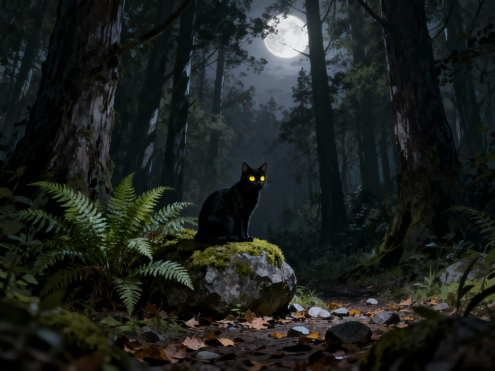Mysterious Owl and Black Cats in Moonlit Forest