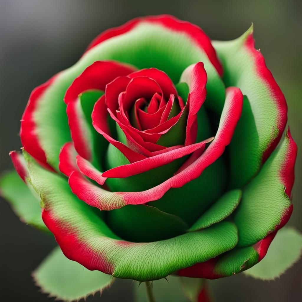 Green Rose with Red Stalk Botanical Art