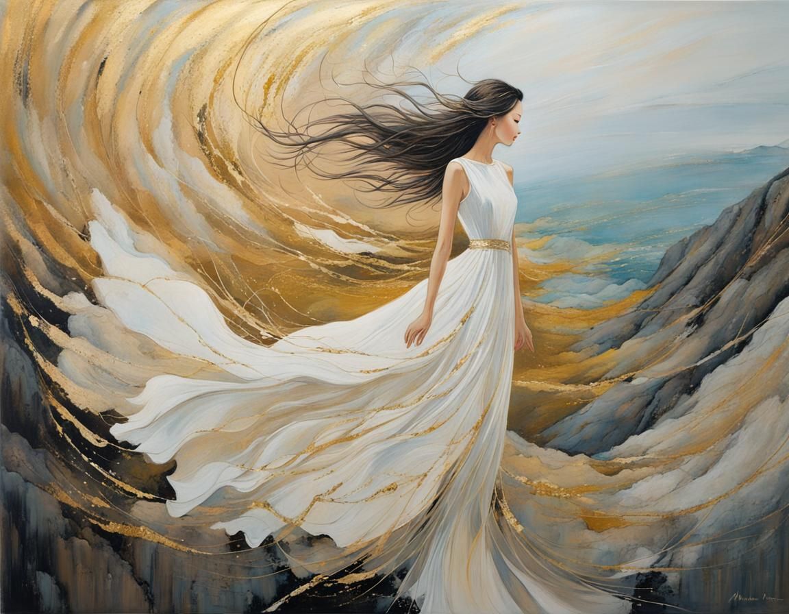 Cliffside Figure in Swirling Golden Dress