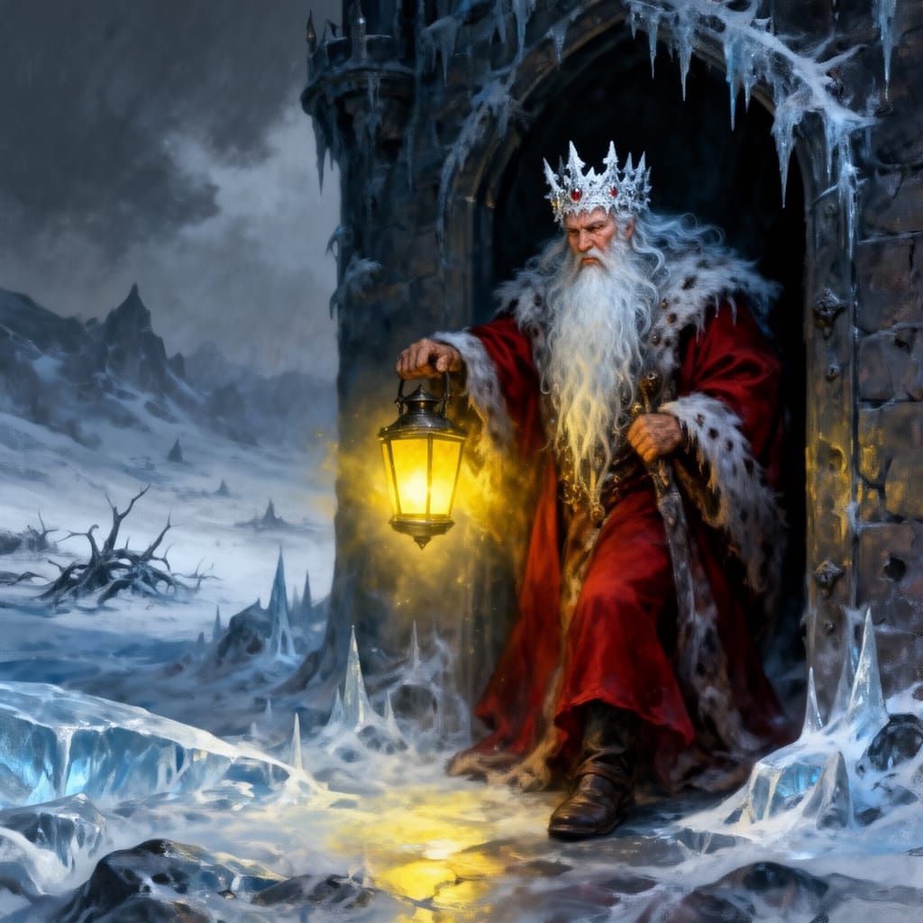 Icy King with Glowing Lantern in Dark Fantasy Style