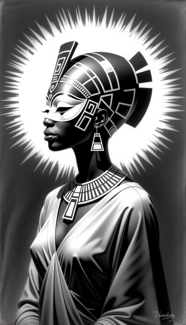 Figure in Profile with Geometric Headpiece and Halo in Charc...