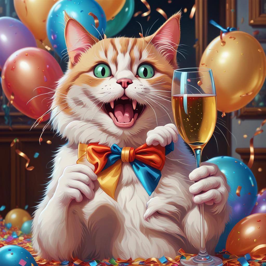 Festive Goofy Cat Celebrates New Year in Oil Painting