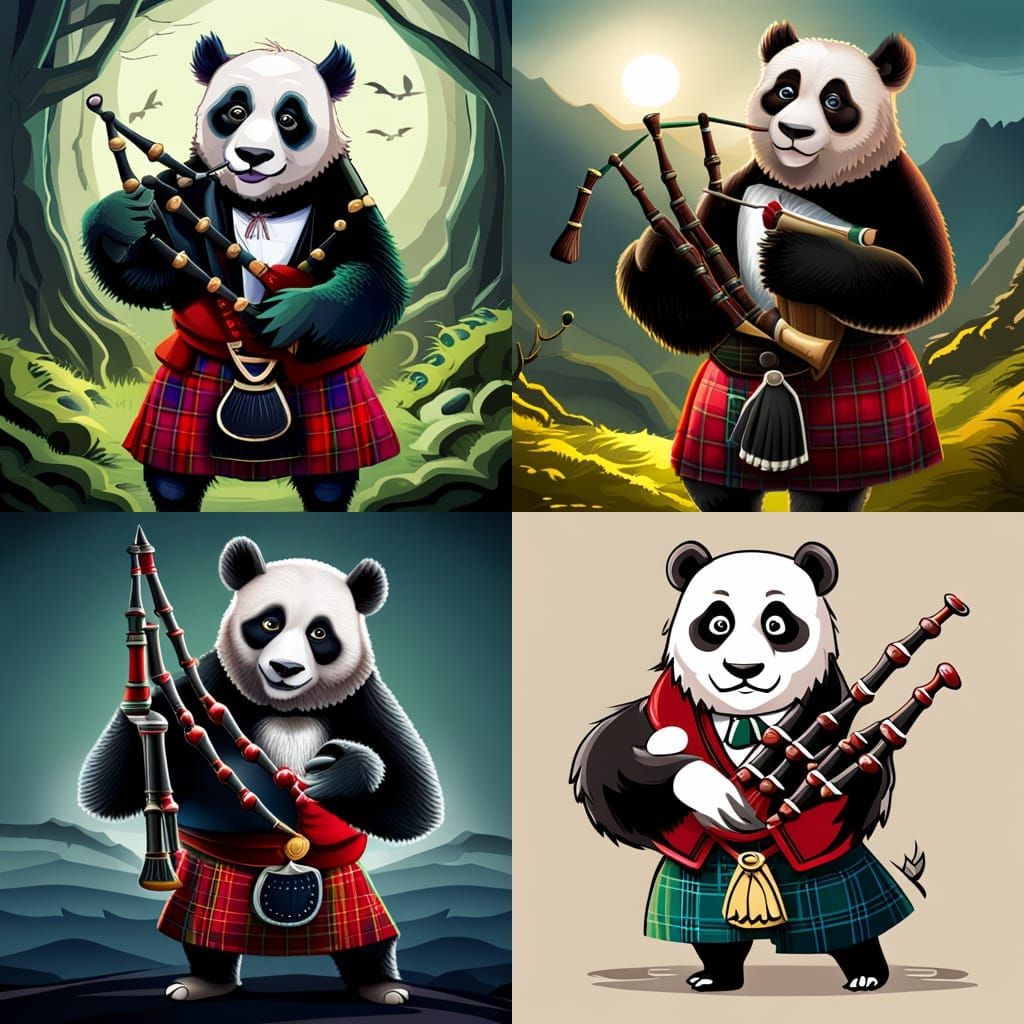 Scottish Panda in Kilt Playing Bagpipes