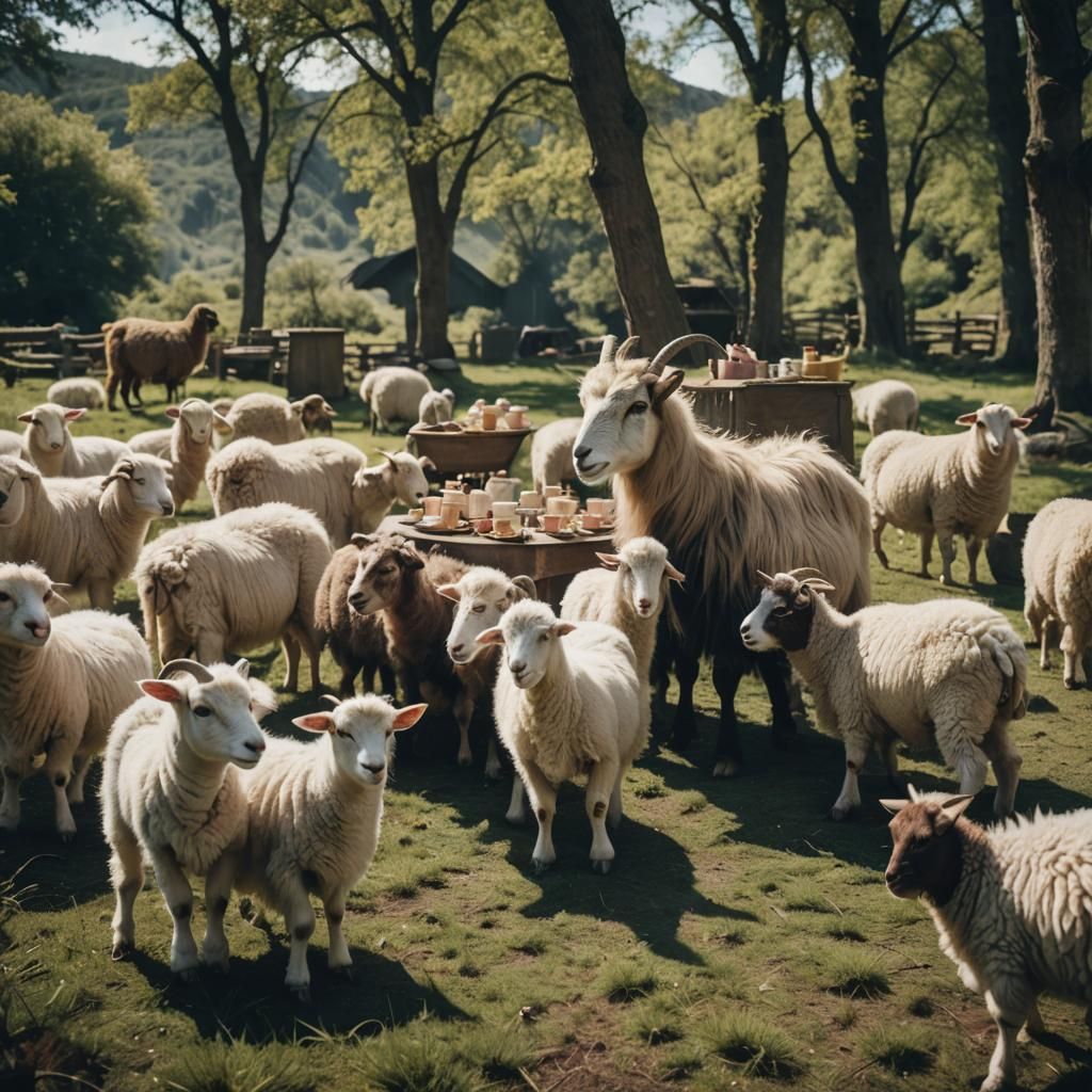 Cinematic Tea Party with Fluffy Goats and Sheep