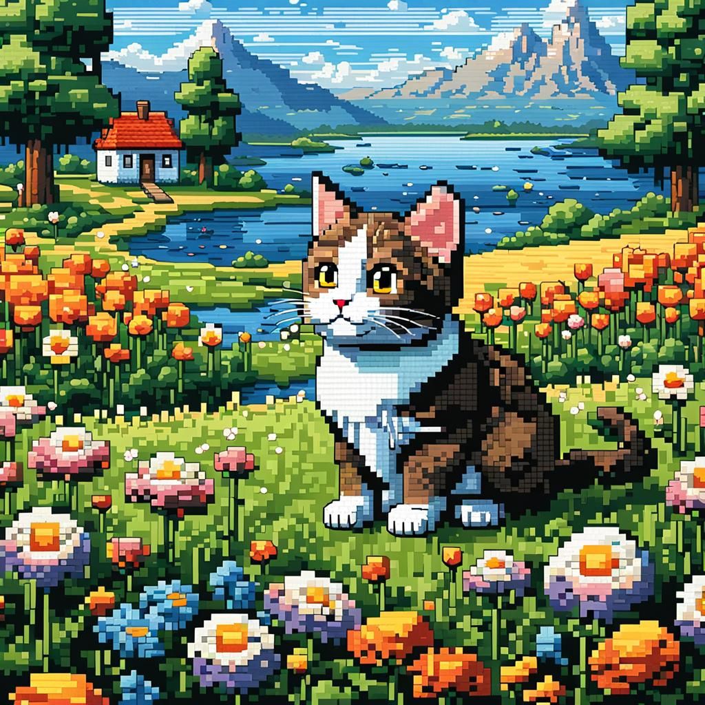 Pixel Art Cat and Mouse in Flowered Meadow