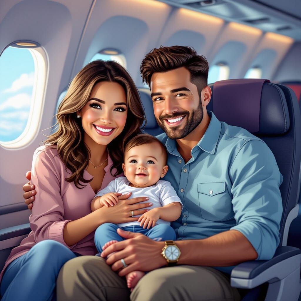 Family Flying Together: Mom, Dad, and Baby on Airplane