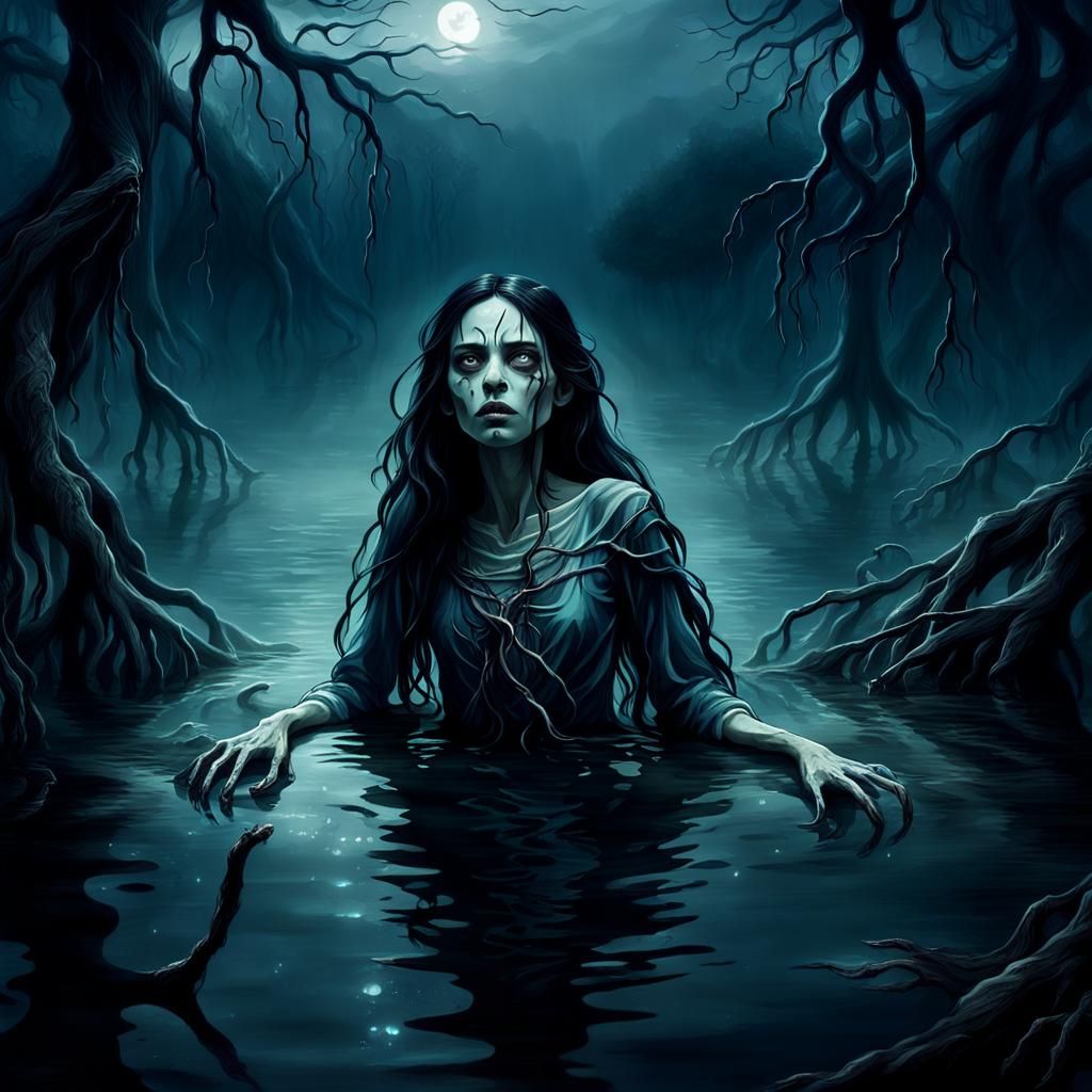 Ethereal Girl Emerges from Haunted Lake: Dark Fantasy Art