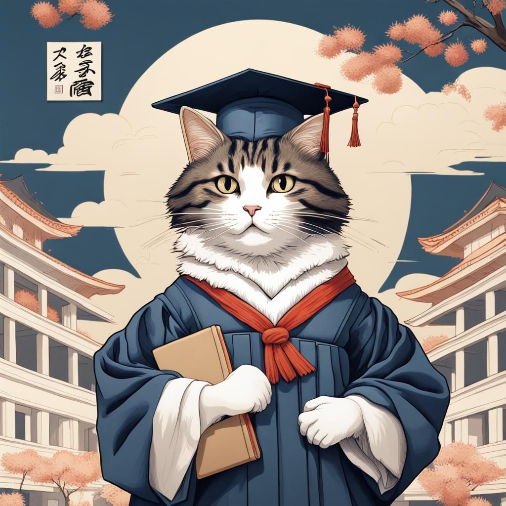 Graduate Cat in Academic Dress, Hokusai Style