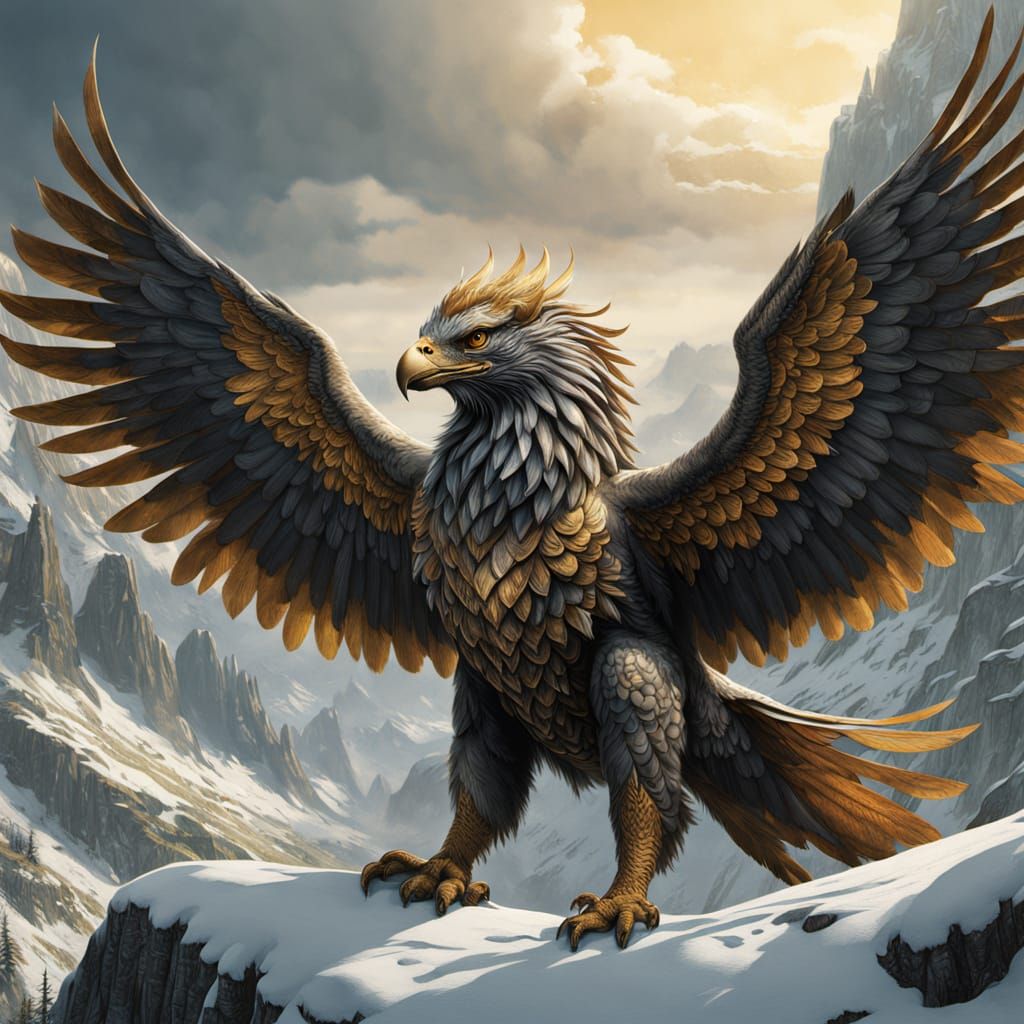 Golden Griffin Soaring Above Snow Mountains