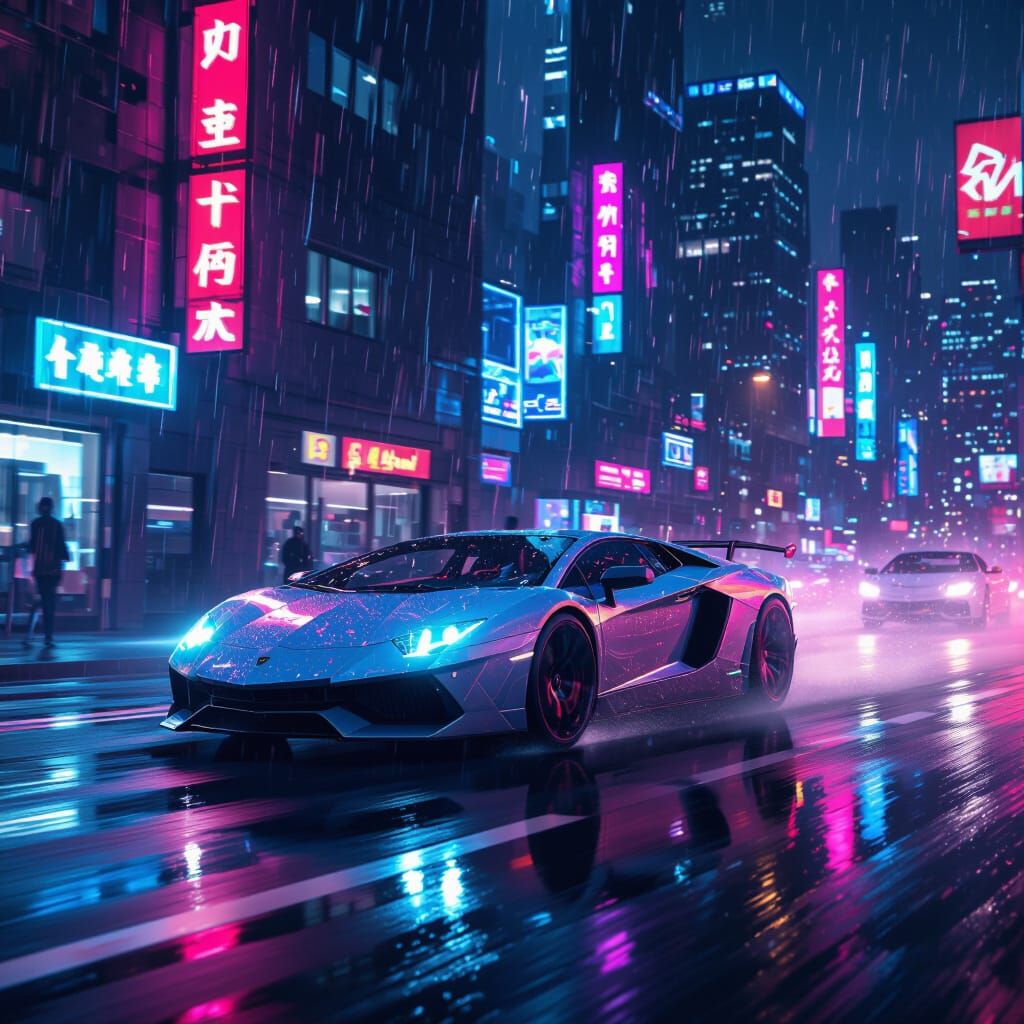 Lamborghini in Rain-Soaked Cityscape, Neon Lights