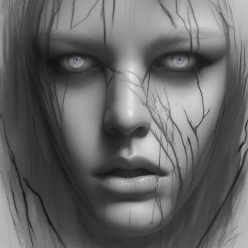 Sinister Tree Sketch with Blue Eyes in Charcoal Style