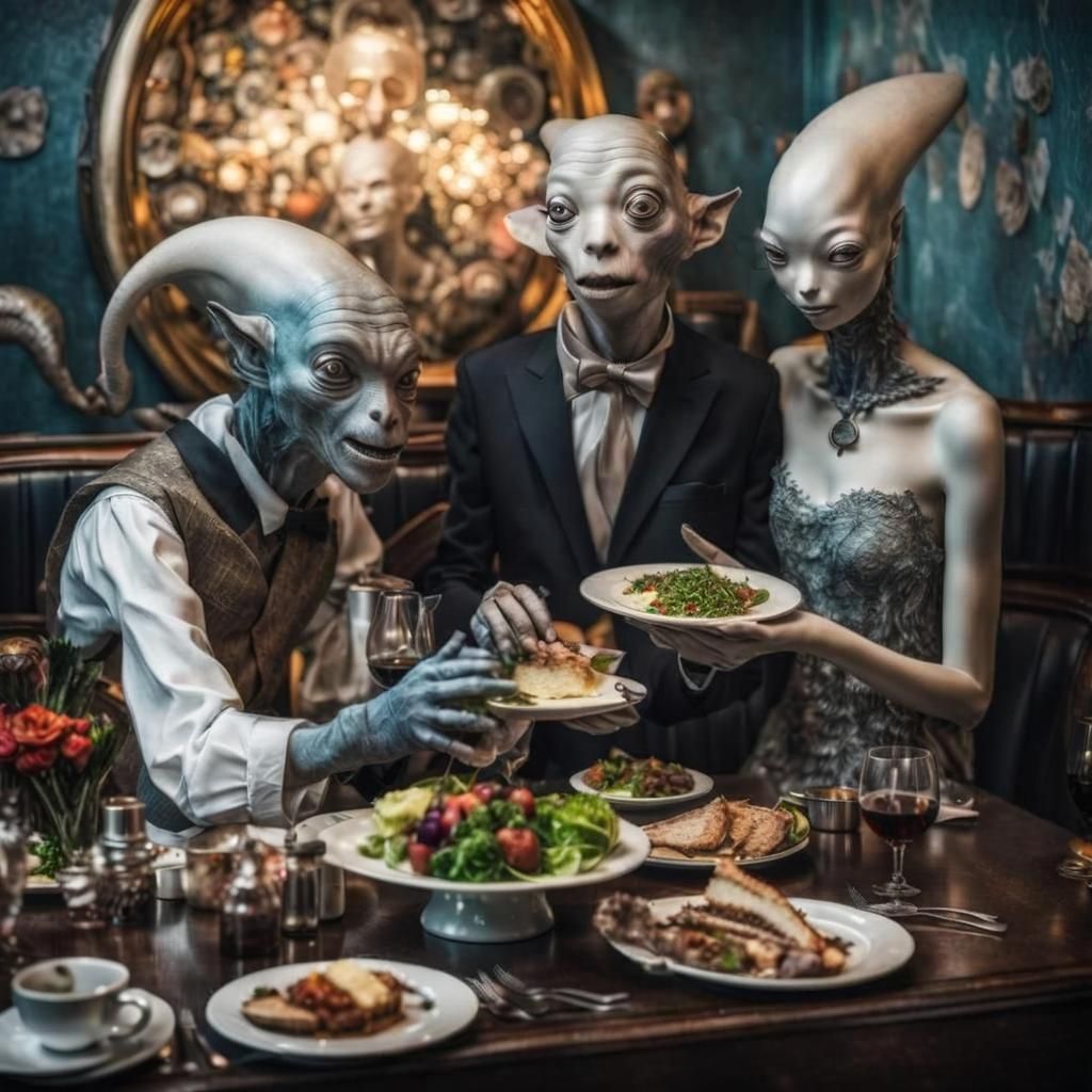 Surreal Alien Restaurant Celebration in Hyperreal Detail