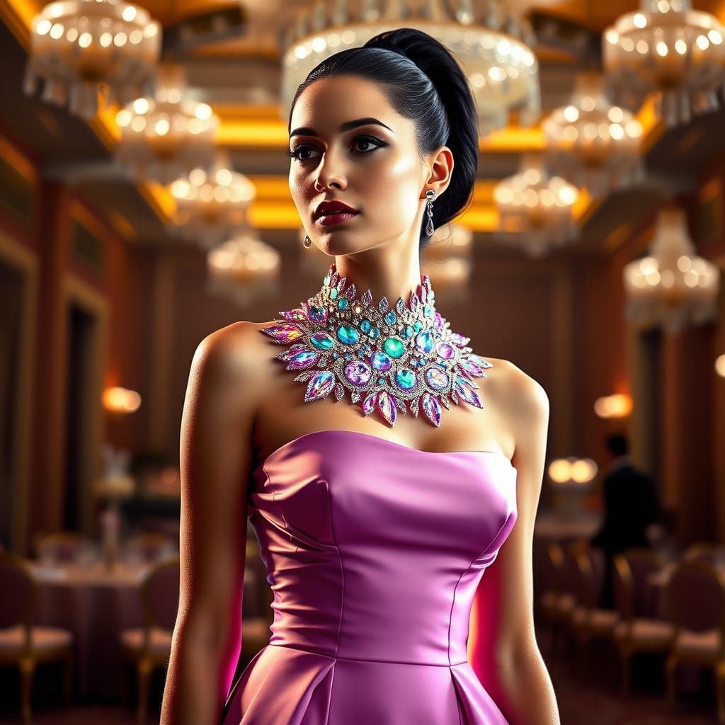 Elegant Woman in Crystal-Encrusted Ball Gown with Rainbow Li...