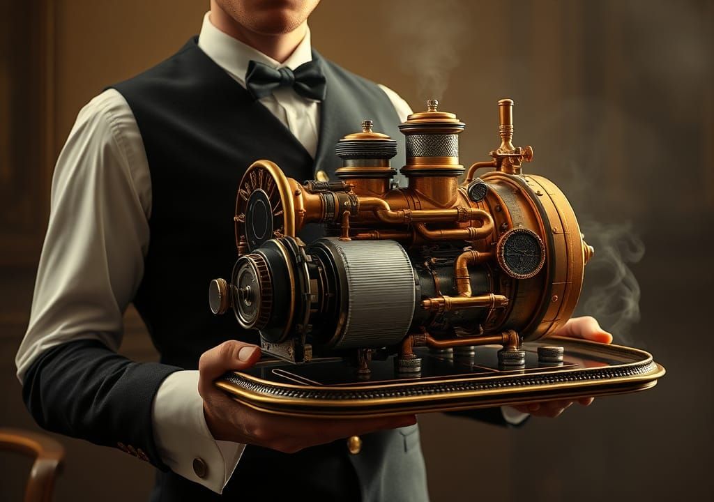 Steampunk Engine on Tray Held by Victorian Waiter