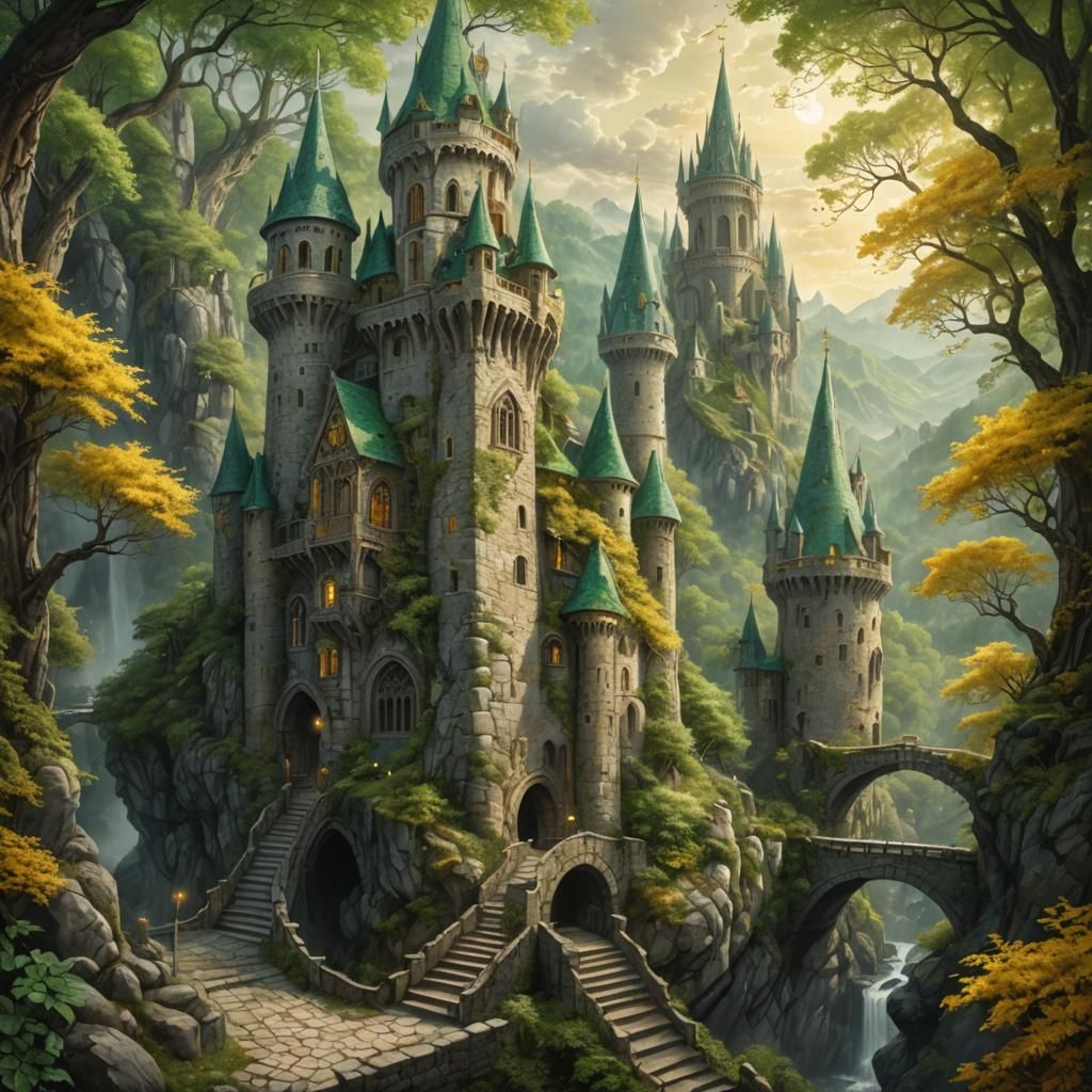 Magical Twin Towers in Dreamlike Medieval Landscape