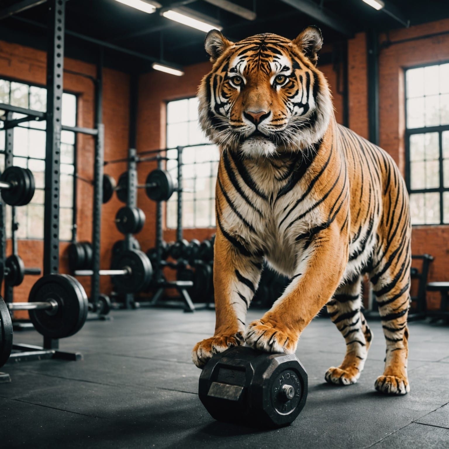 Powerful Bengal Tiger Lifting Weights in Gym