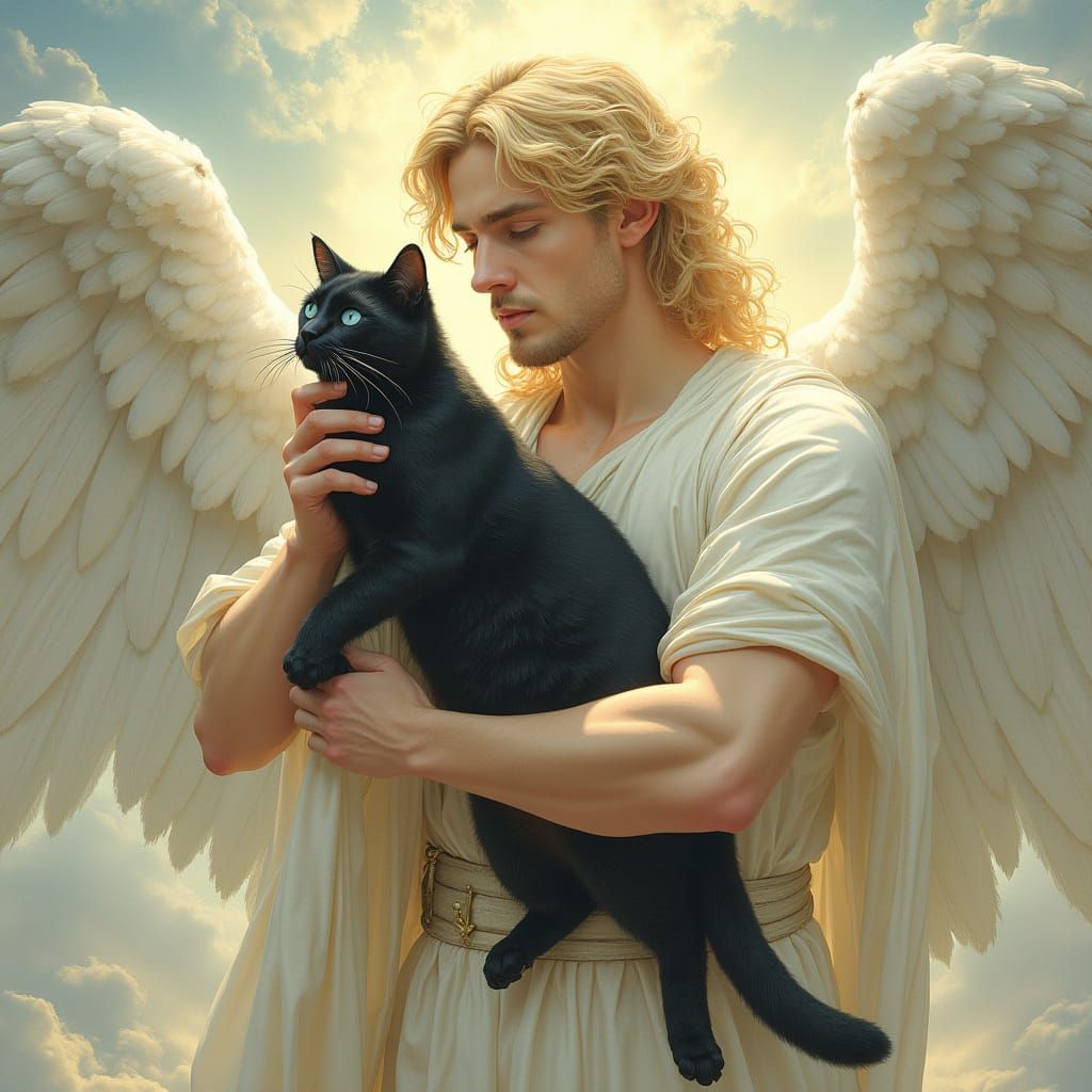 Archangel Gabriel Cradling a Cat in Art Nouveau Style