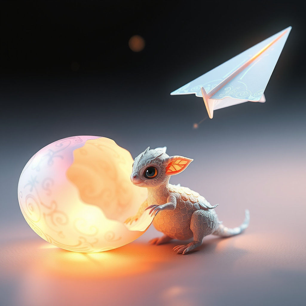 Mystical Hatchling and Paper Airplane: 3D Anime Art