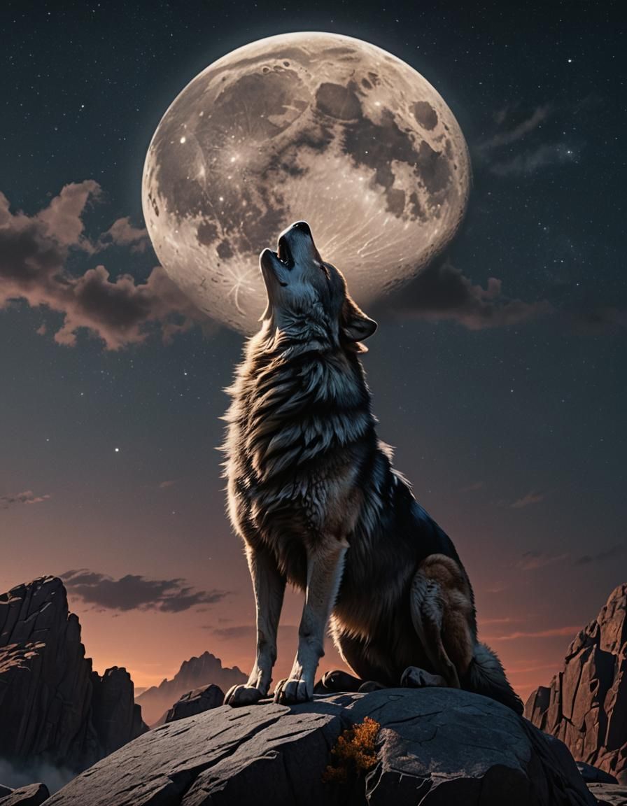 Wolf Howling at Moon in Detailed Matte Painting