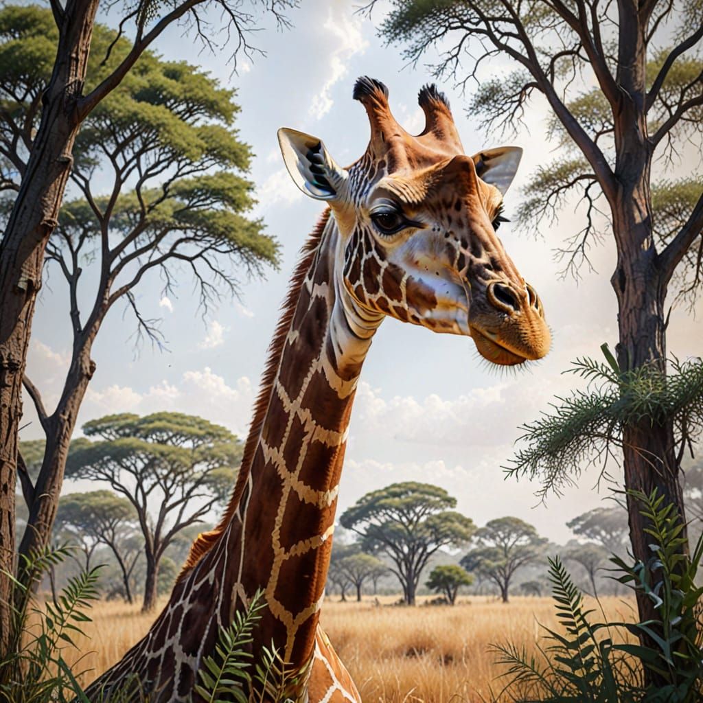 Double exposure portrait painting of a Giraffe with the sava...