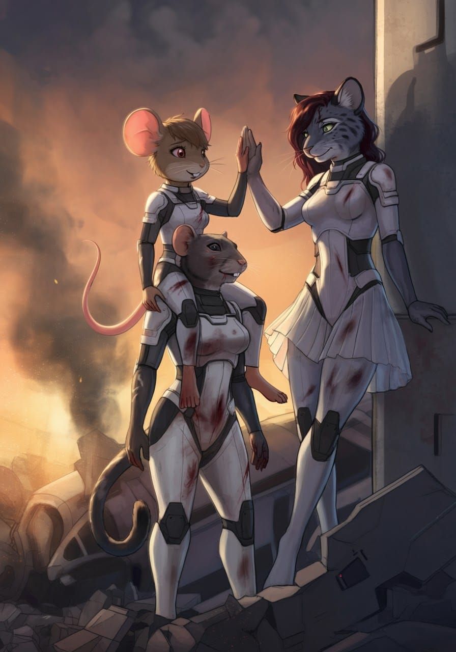 Anime Mouse and Panther Amid Sci-Fi Ruins