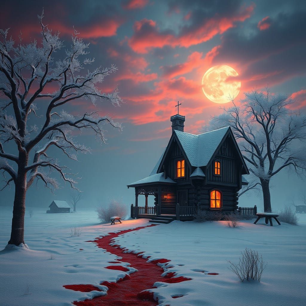 Blood-Stained Cottage in Crimson Twilight