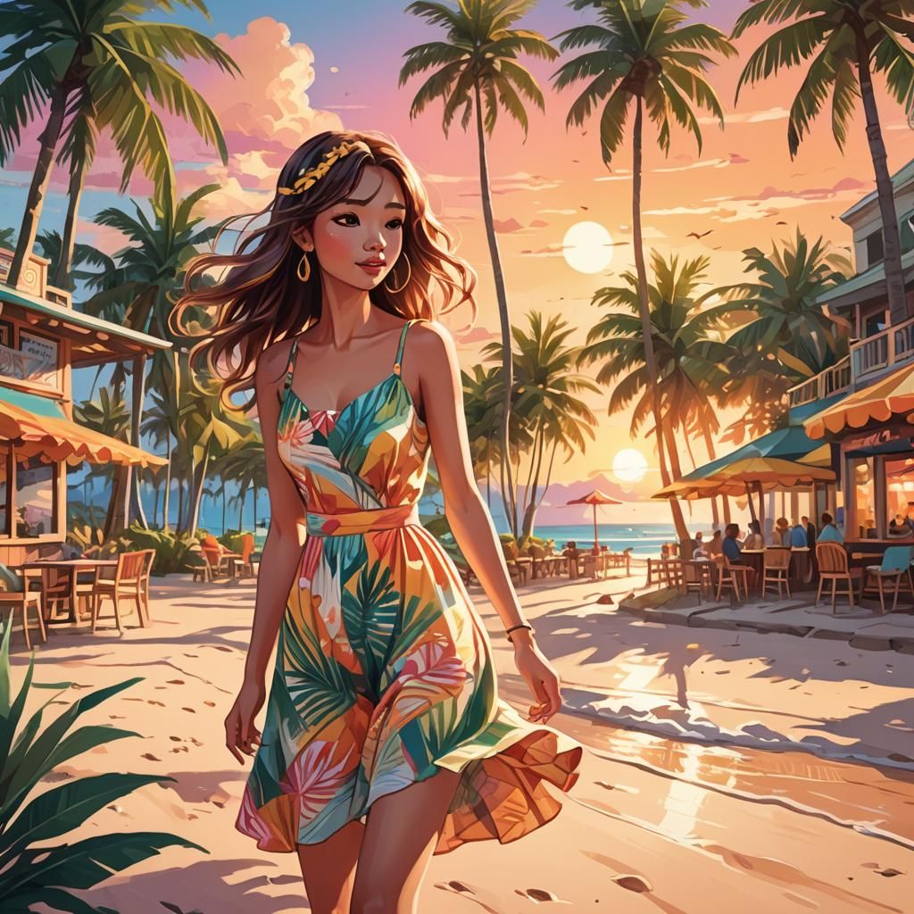 Kawaii Girl on Tropical Beach at Sunset