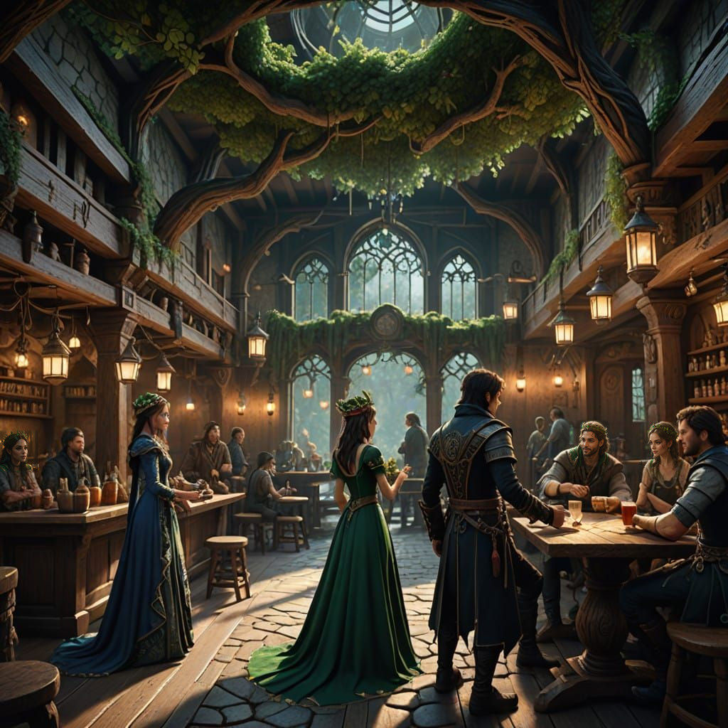 Fantastical Royals Mingle in Whimsical Tavern Scene