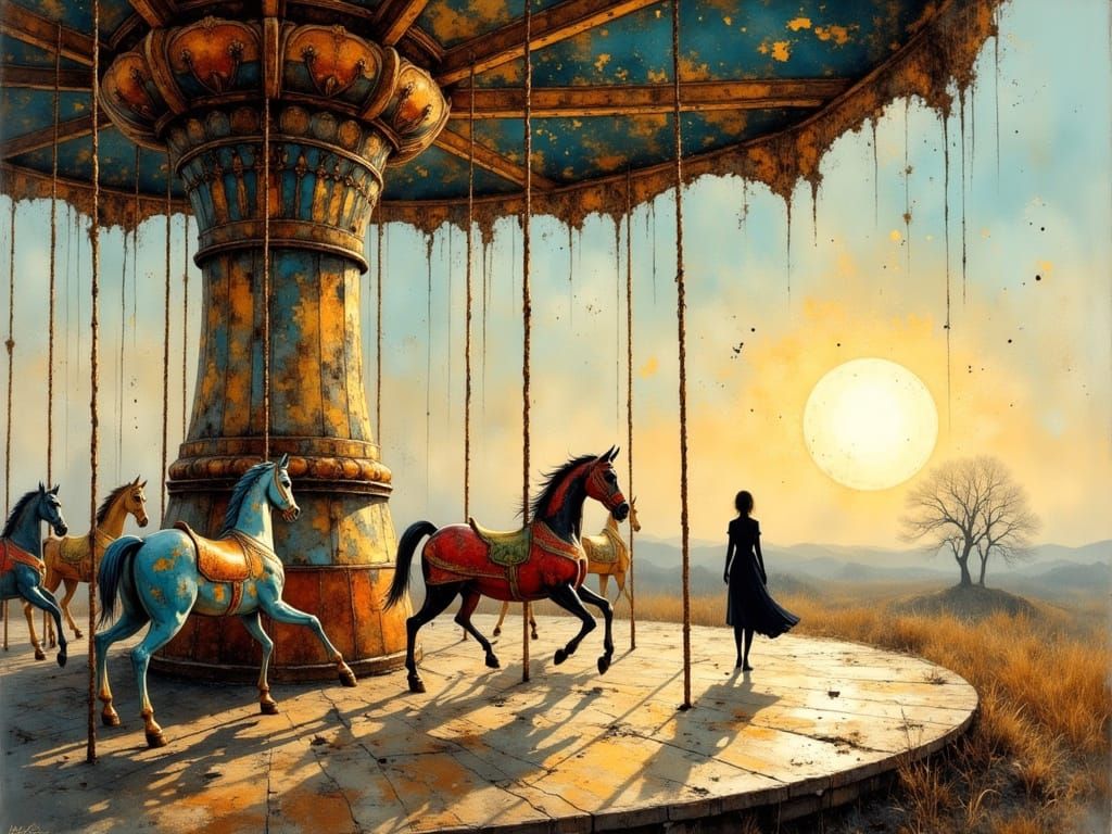 Abandoned Carousel at Hazy Sunset: Nostalgic Decay