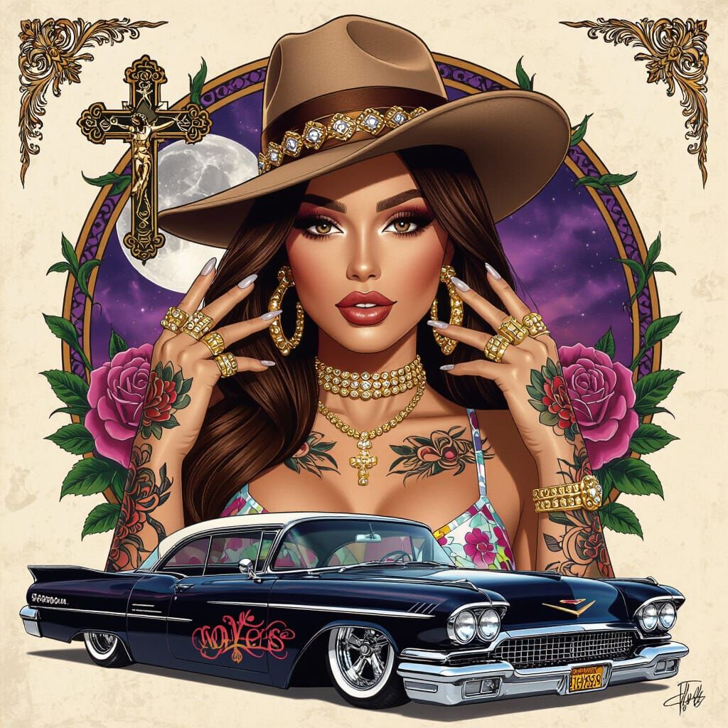 Chicana Woman Portrait with Lowrider, Hyperrealistic