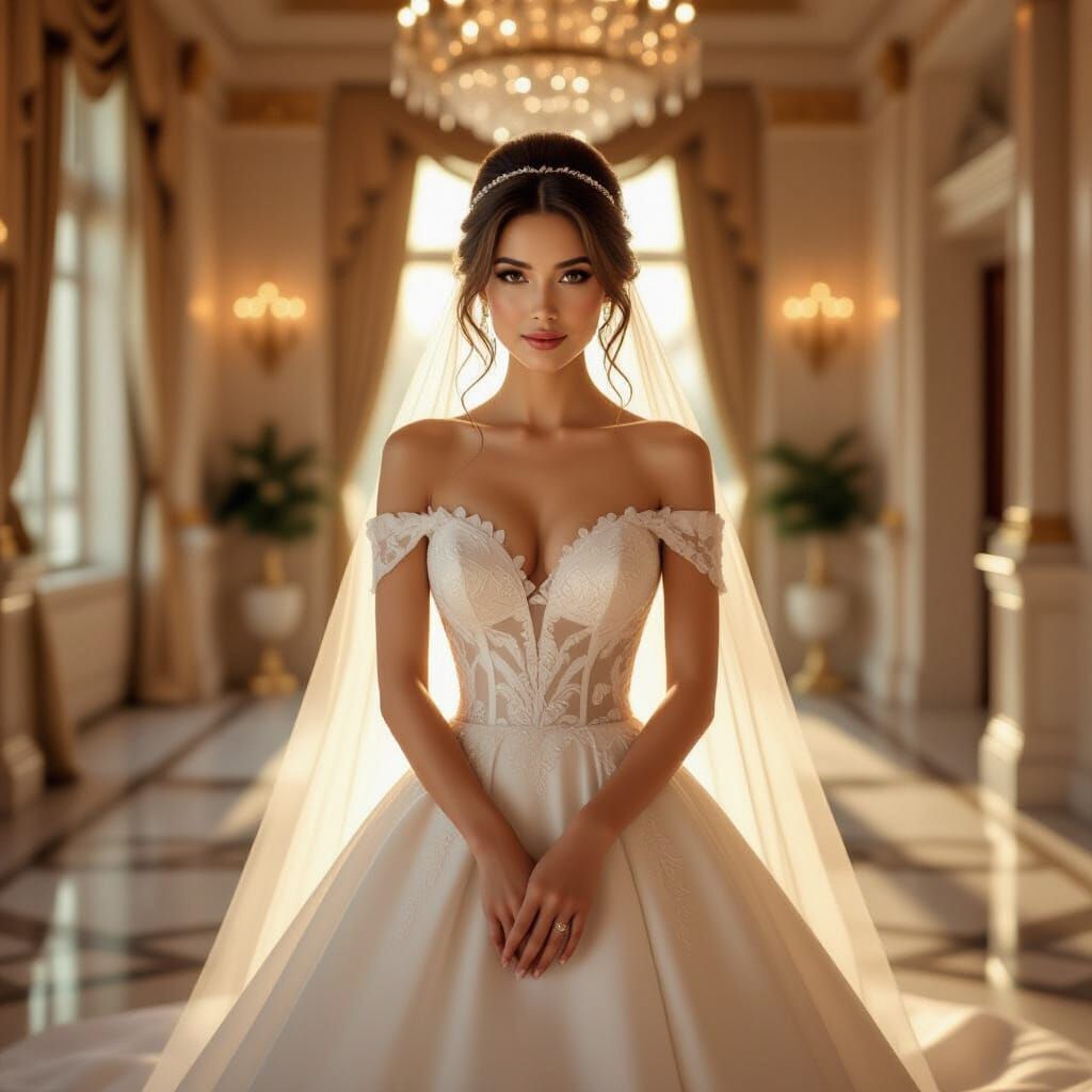 Elegant Bride Posing in Luxurious Ballroom, Photorealistic S...
