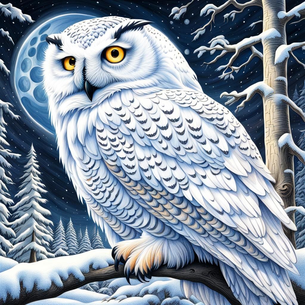 Detailed Colored Pencil Portrait of Snowy Owl