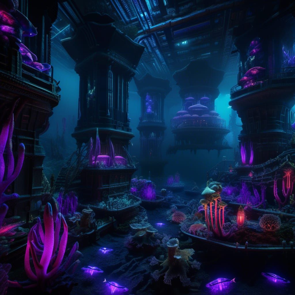 Bioluminescent Alien City in Deep Ocean, Sci-Fi