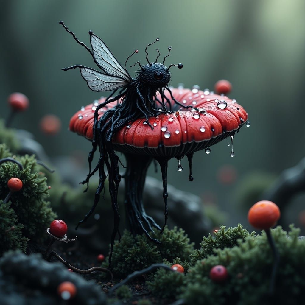 Fairy on Twisted Ink Mushroom Macro Photograph