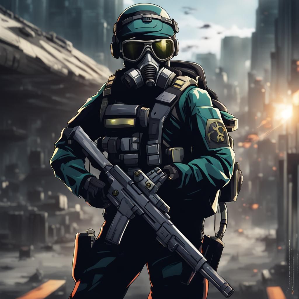 Futuristic Soldier in Anime Style with Gas Mask
